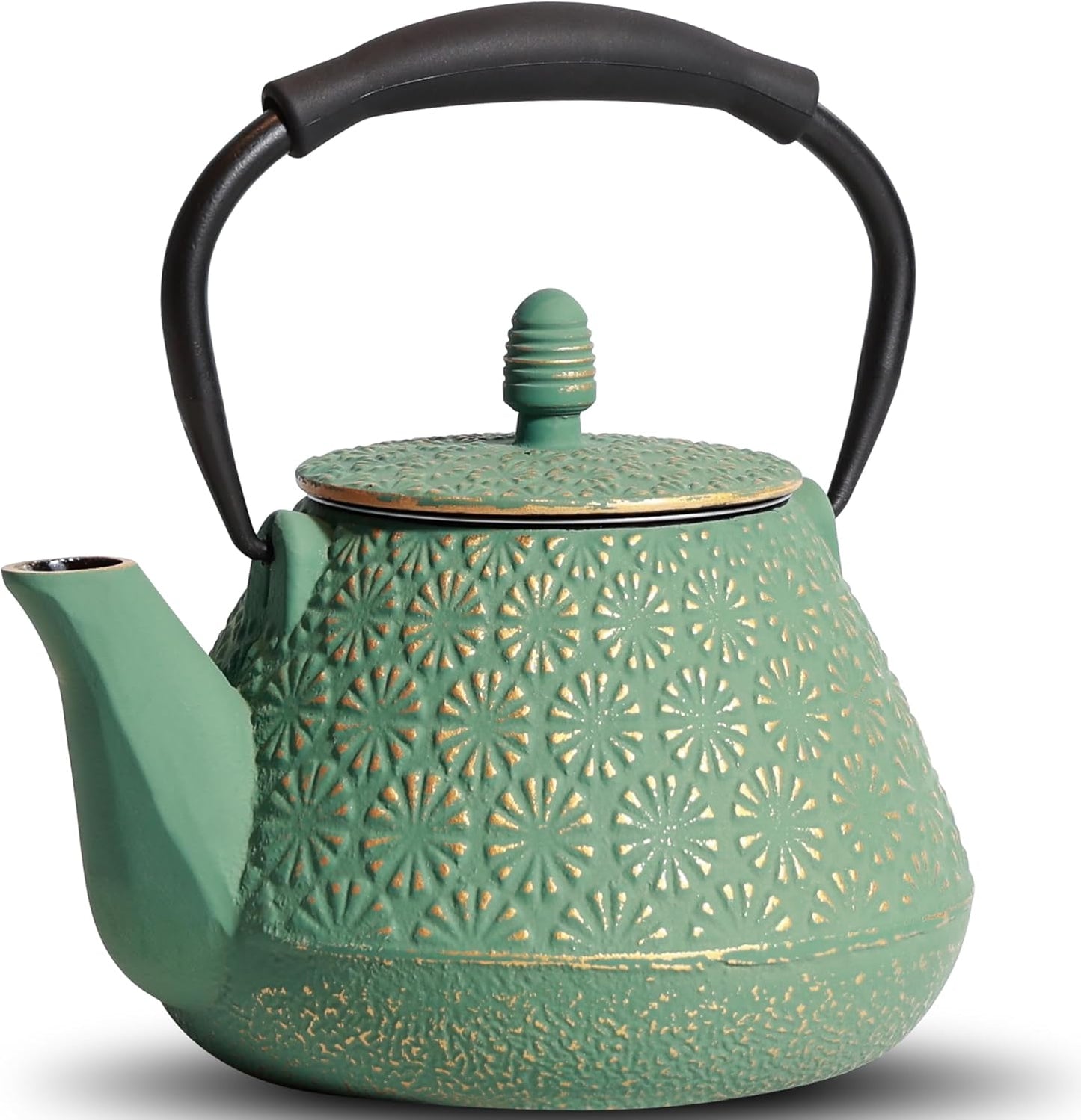 Cast Iron Teapot, 32oz Tea Kettle with Infuser for Stove Top, Sakura Blossom Pattern Japanese Tea Pot for Tea & Coffee Coated with Enameled Interior, Silicone Handle 950ml Green