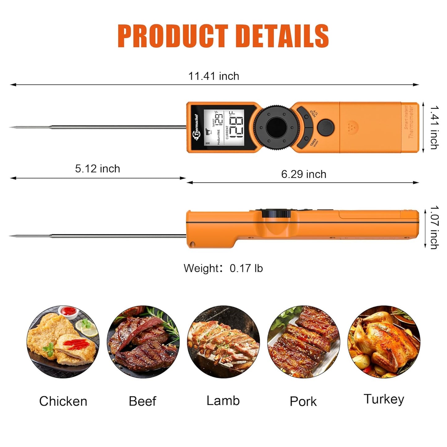 Digital Meat Thermometer for Grill, Instant Read Food Thermometers for Cooking with Food Doneness Guide, Calibration and LCD Backlight Screen, High Accuracy ±1% ℉, BBQ Beef Candy Orange