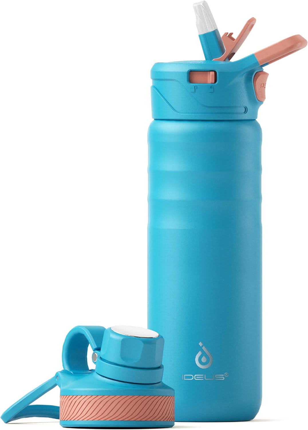IDEUS Insulated Stainless Steel Water Bottle with 2 Leak-Proof Lids, Thermal Water Flask for Hiking Biking, 24oz, Blue Atoll