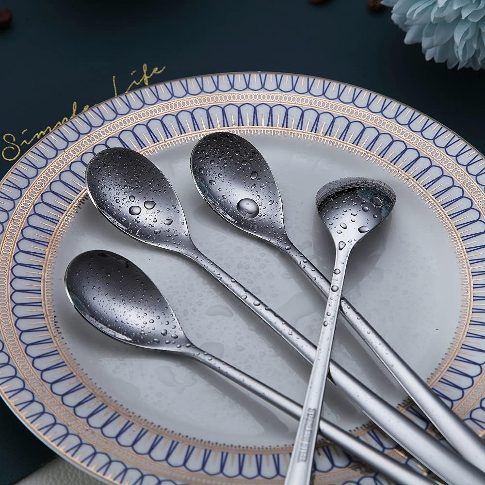 Premium Stainless Steel Coffee Stirrer Set, Long Handle, Ice Tea & Cream Spoons, Cocktail Stirrer - Set of 6 (Silver)