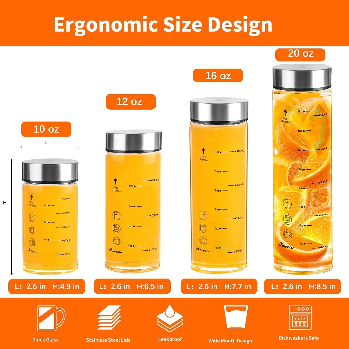 Glass Juice Bottles 4 Pack 10 oz - Wide Mouth Glass Water Bottles with Lids - for Juicing, Protein, Smoothie, Milk, Reusable, BPA Free, Stainless Steel Lids, Blender, Shaker Bottle [10oz/300ml]