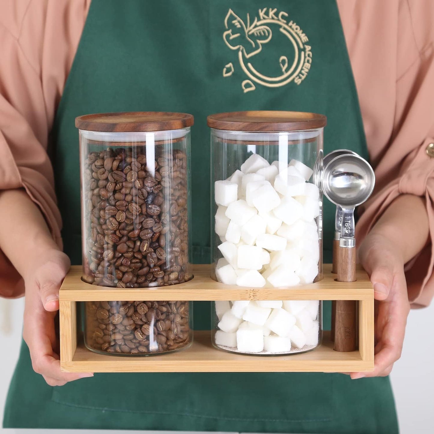 KKC HOME ACCENTS Air Tight Glass Coffee Tea Containers with Spoons for Coffee Beans,Loose Tea,Ground Coffee,Matcha,Glass Canisters with Airtight Lids and Scoops,39 Fl oz