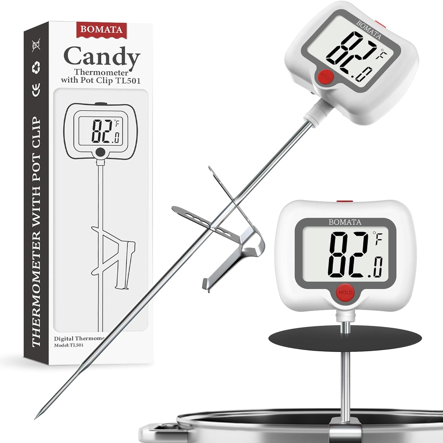 BOMATA Digital Candy Thermometer with Pot Clip, Deep Fry Oil Thermometer with Rotatable Display & Long Probe, for Candy Candle Making, Cooking, Food, Liquids, Water, Sugar.. White
