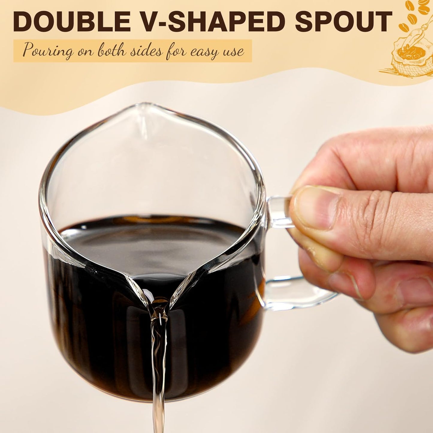 Patelai Espresso Cups Set of 2, 180ml/ 6oz Coffee Cups with Double Spouts & Handle, Clear Espresso Shot Glass for Espresso Machines, Milk Frothing, and Coffee Bars Accessories