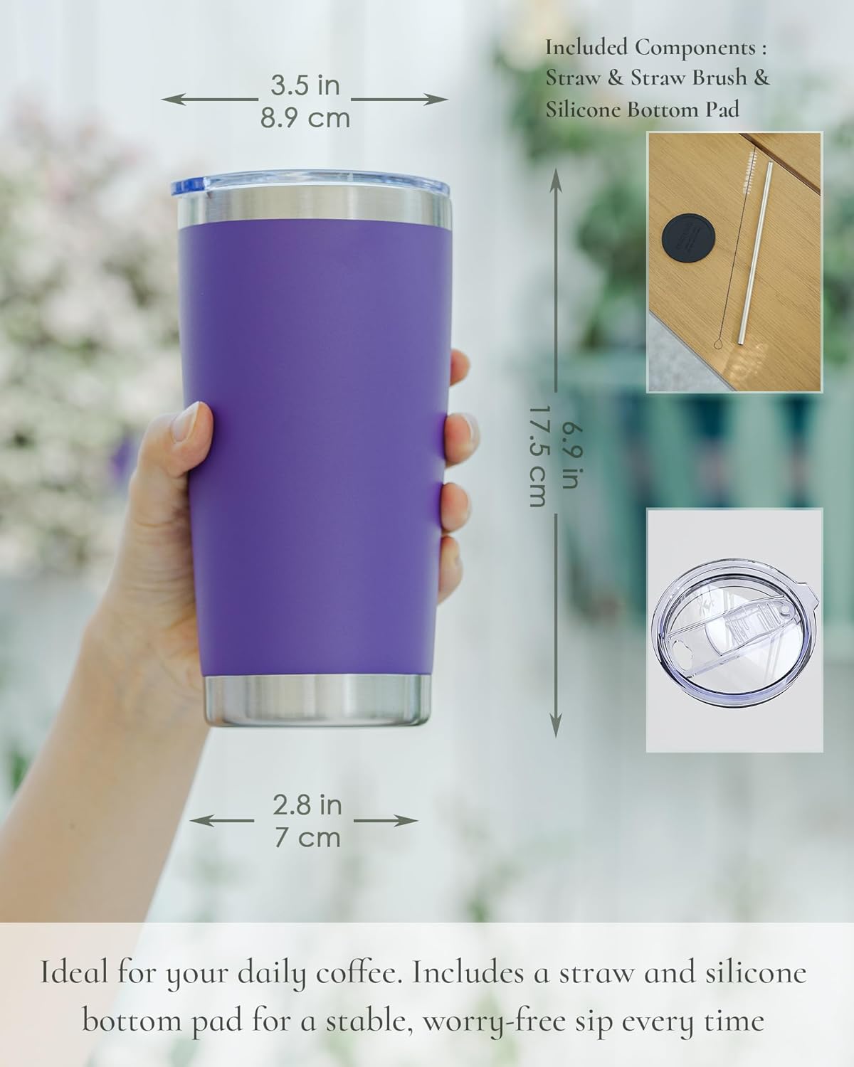 Travel Coffee Tumbler 20oz, 8 Pack Leakproof Travel Coffee Mug with Lid and Straw, Stainless Steel Double Wall Vacuum Insulated Tumbler for Hot/Iced Drinks (Textured Matte, Purple)