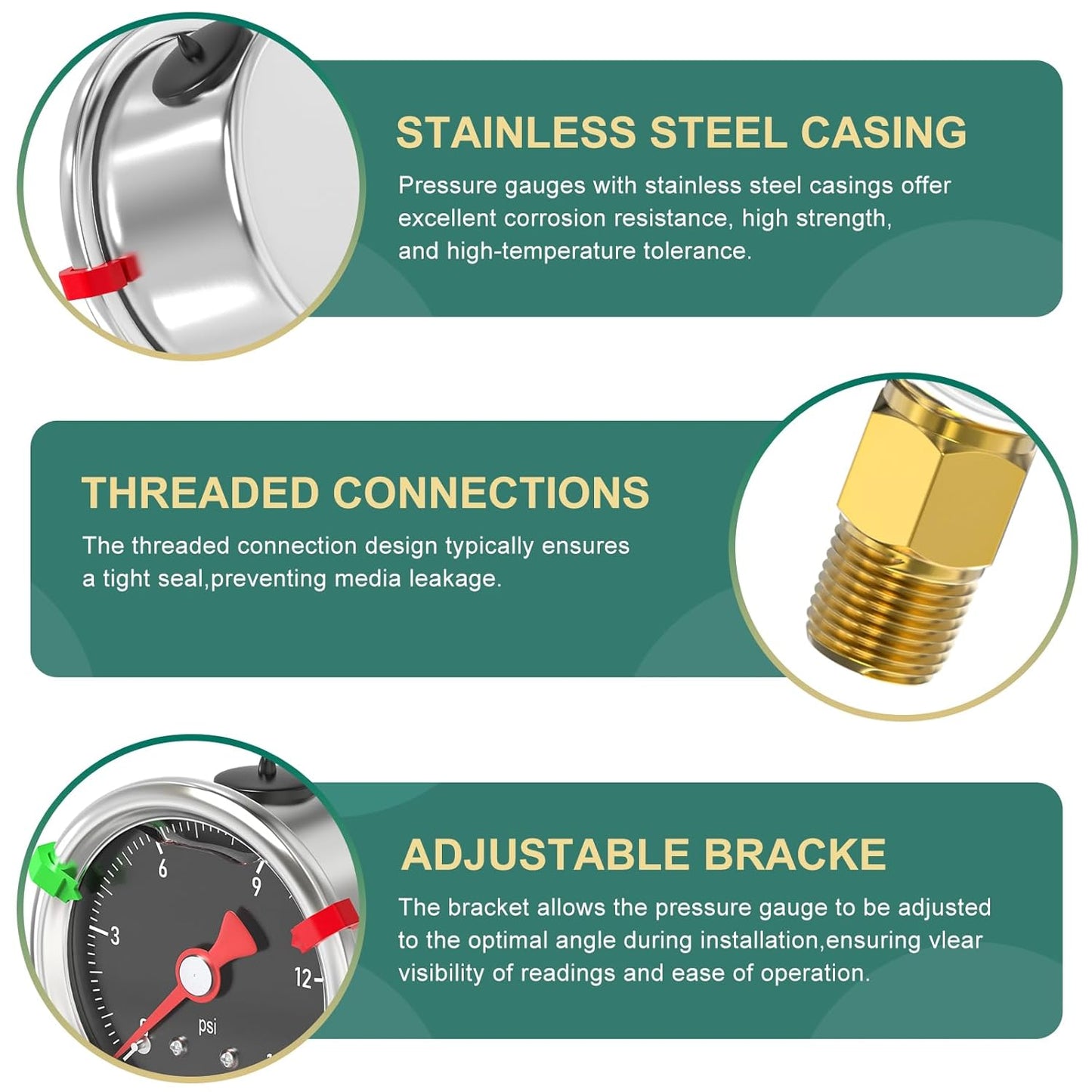 0-15PSI Stainless Steel Glycerin Filled Pressure Gauge 1.5" Black Dial Size, 1/8" NPT Lower Mount, for Tube, Water Pump, Gas, Liquid, Pressure Test (with Range Mark Pointer)