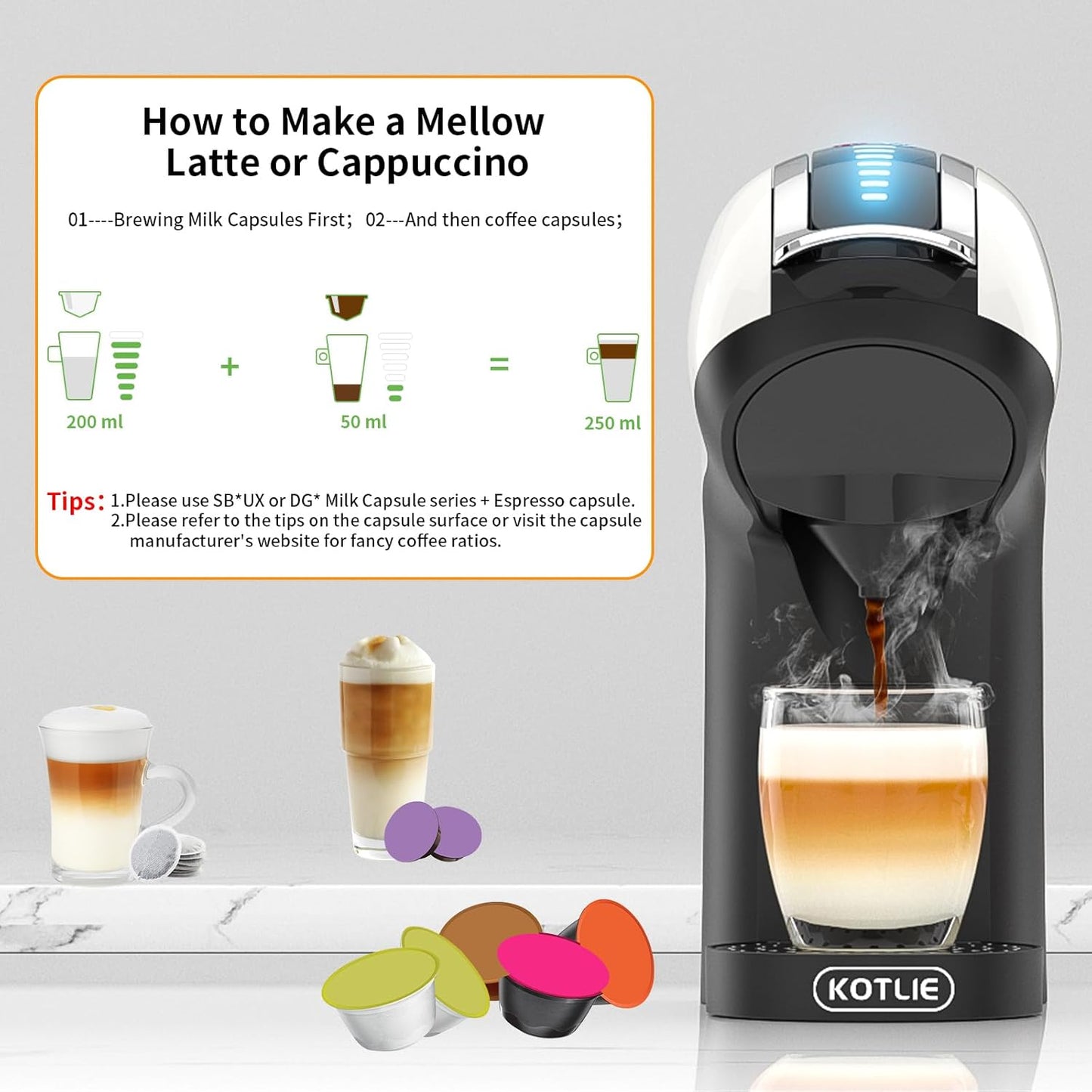 KOTLIE 5in1 19Bar Multicapsule Espresso Coffee Machine, Cold&Hot Brewing Single-Serve Coffee Maker, Cappuccino&Latte Maker for Kcup/Dolce Gusto/Nespresso Original/GroundCoffee/44mm ESE EM-308A (White)