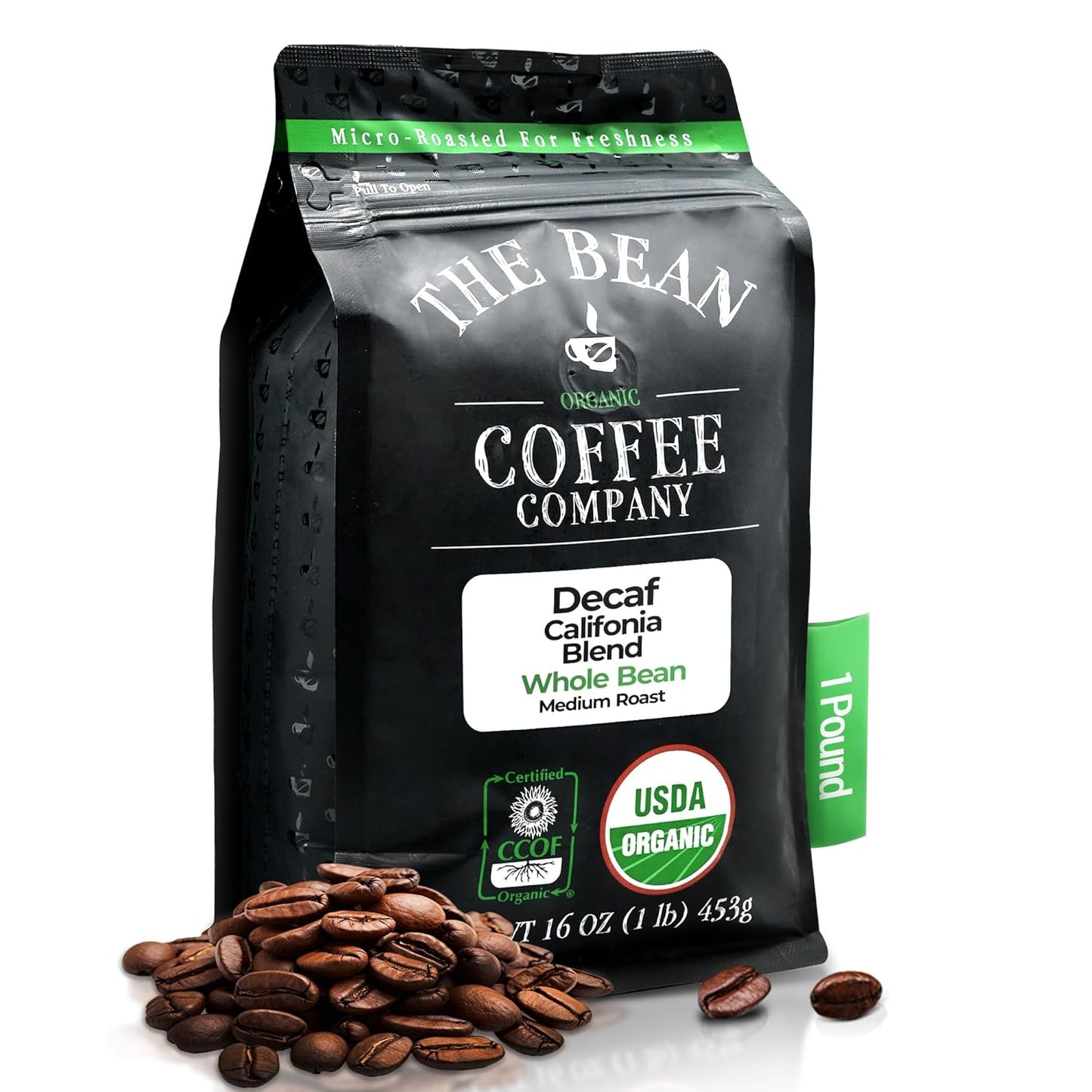 The Bean Organic Coffee Company Water Processed DECAF California Blend, Medium Roast, Whole Bean Coffee, 16-Ounce Bag