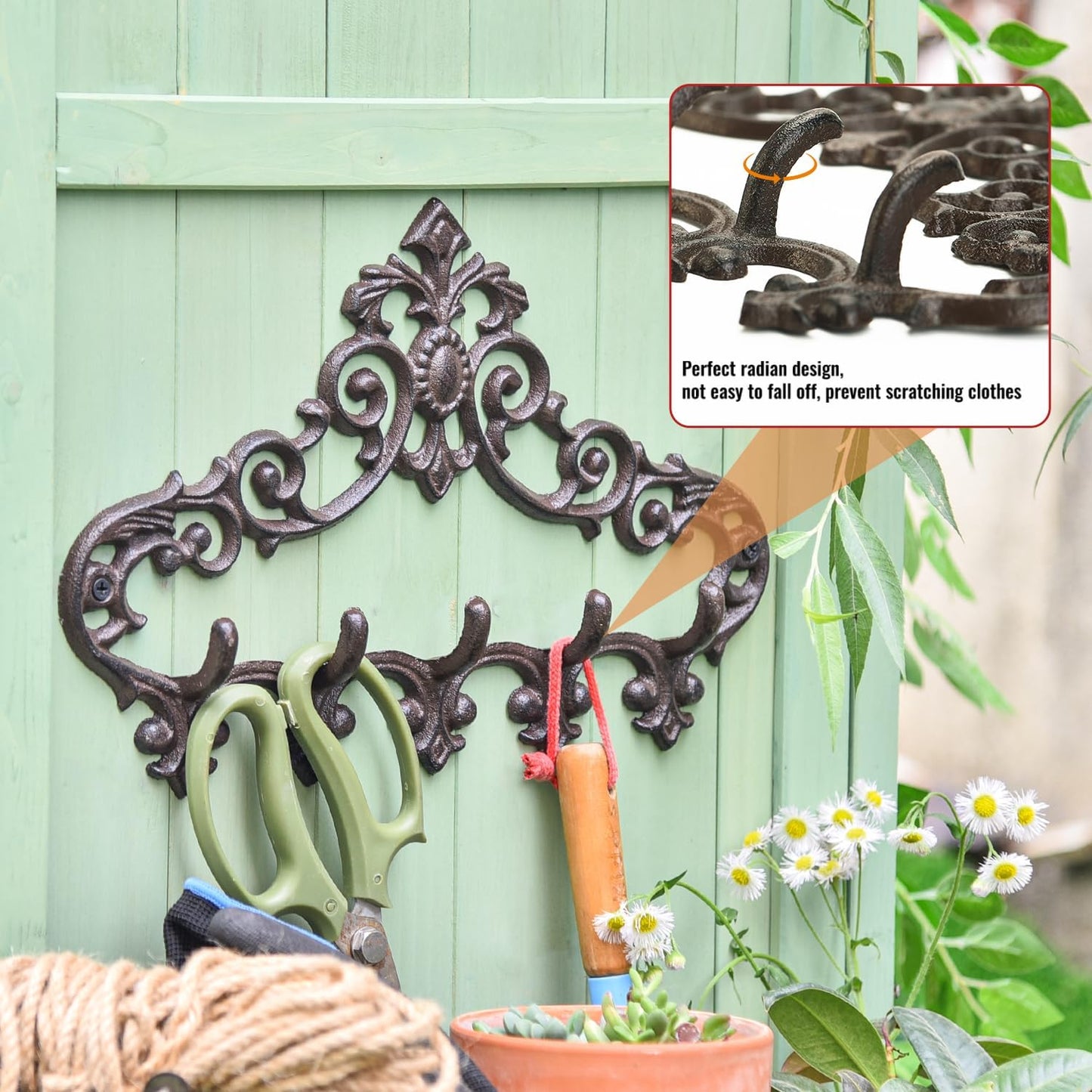 Sungmor Cast Iron Rustic Coat Hook Hanger with 5 Hooks - Practical Iron Storage Organizer/Wall Hooks Hanging Rack - Pretty Pattern Charming Wall Decor for Keys Clothes Hats