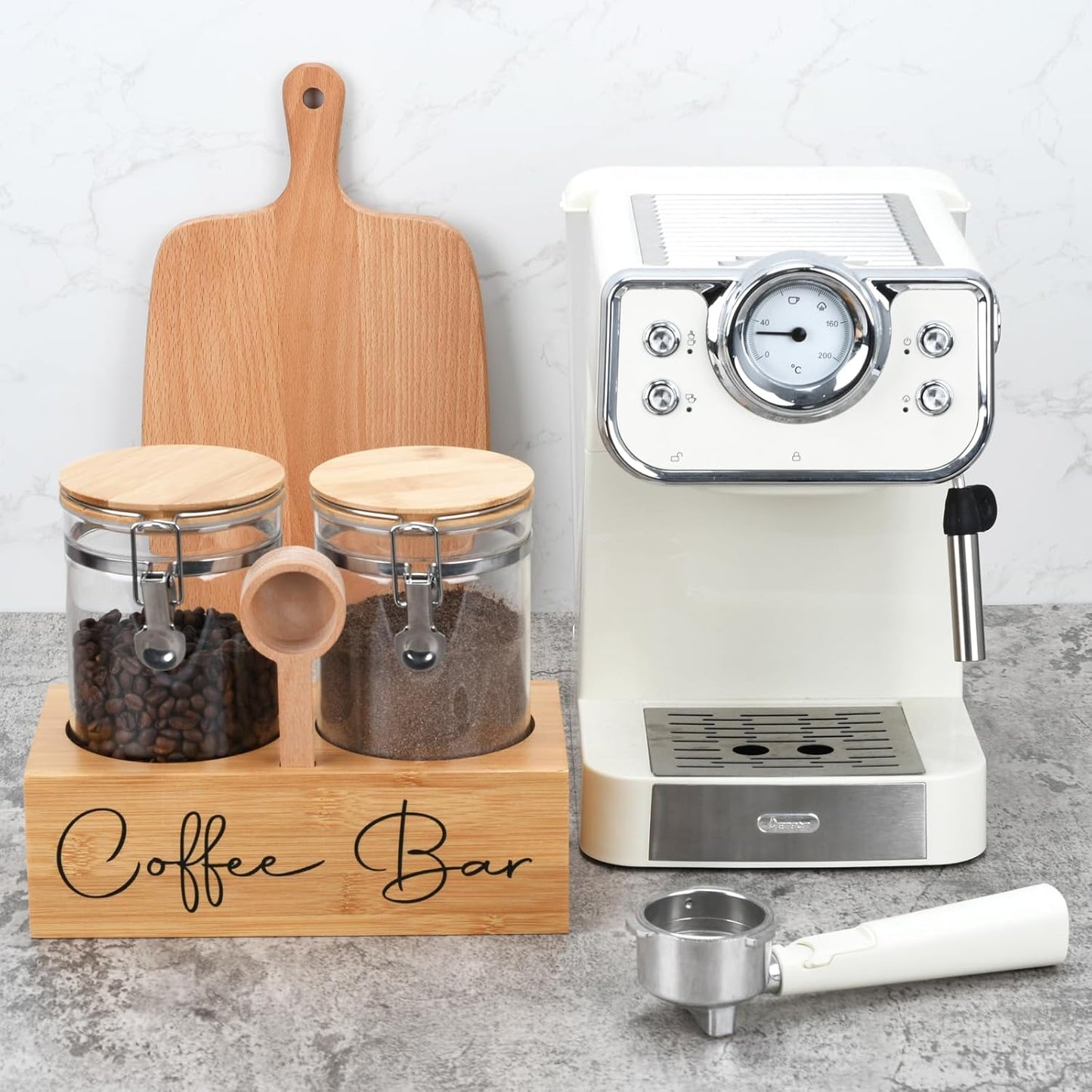 Glass Coffee Canister Set with Bamboo Shelf & Spoon - 2 Airtight Containers (47oz Each) for Coffee Beans, Ground Coffee, Sugar, Flour - Borosilicate Glass & Bamboo Lid with Silicone Seal