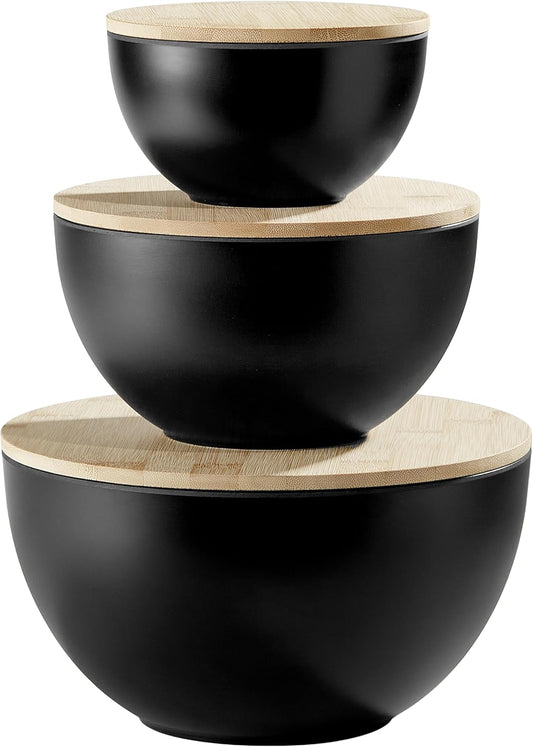 JOYMAY Salad Bowls, Mixing Bowl Salad Bowl Set, Natural Bamboo Fiber Serving Bowl Set of 3 with Bamboo Wood Lid, Nesting Bowls for Salads,Pastas(Black,10",8",6")