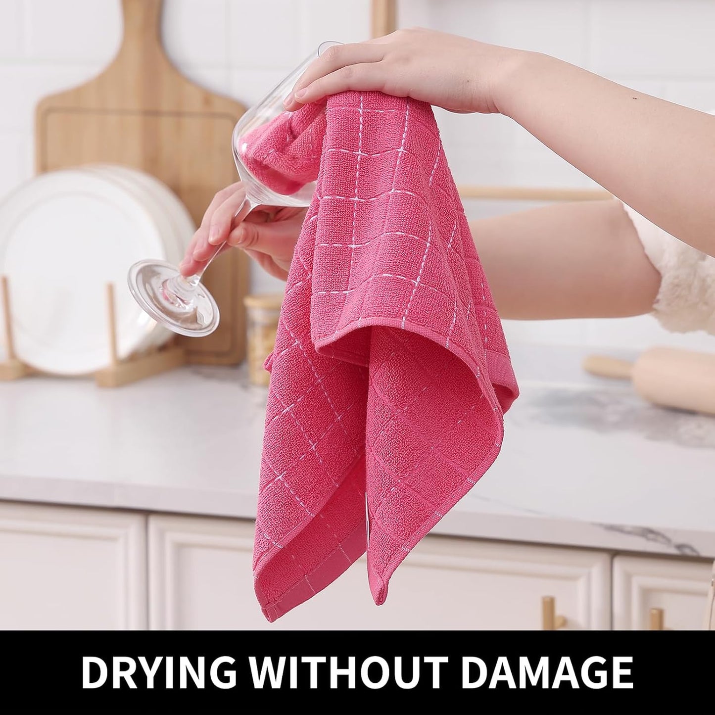 Homaxy 100% Cotton Terry Kitchen Towels(Rose Red, 13 x 28 inches), Checkered Designed, Soft and Super Absorbent Dish Towels, 4 Pack