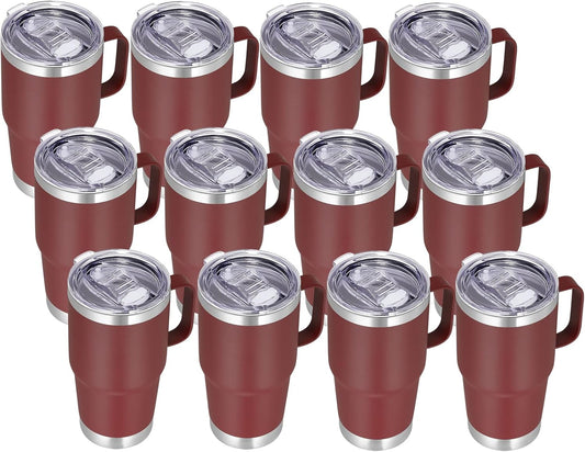 VEGOND 20 oz Tumbler Bulk with Handle Lid and Straw, Stainless Steel Insulated Travel Coffee Mug Set, Spill Proof Double Wall Metal Tumblers Cups, Wine Red 12 Pack
