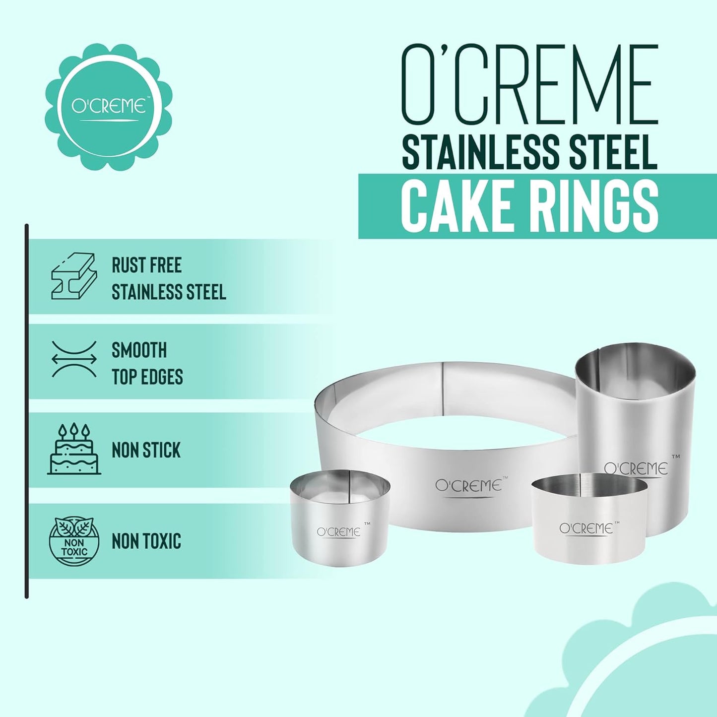 O'Creme Cake Ring Sturdy Stainless Steel Round Mousse Cake Ring Mold for Baking, Dessert Cake Decorating Pastry Rings 6 Inch Diameter x 4 Inch High