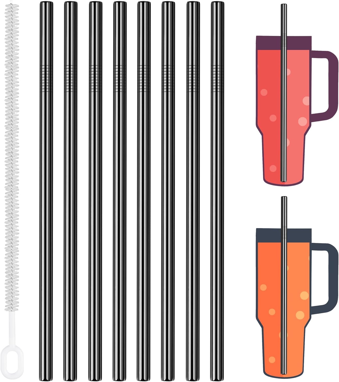 Tomorotec 8-Pack Stainless Steel Straws for Stanley Tumbler 40oz, 12" Metal Straws for Stanley Cup with Brush, Reusable Drinking Straws for Smoothies, Milkshakes, Dishwasher Safe and BPA-Free (Black)