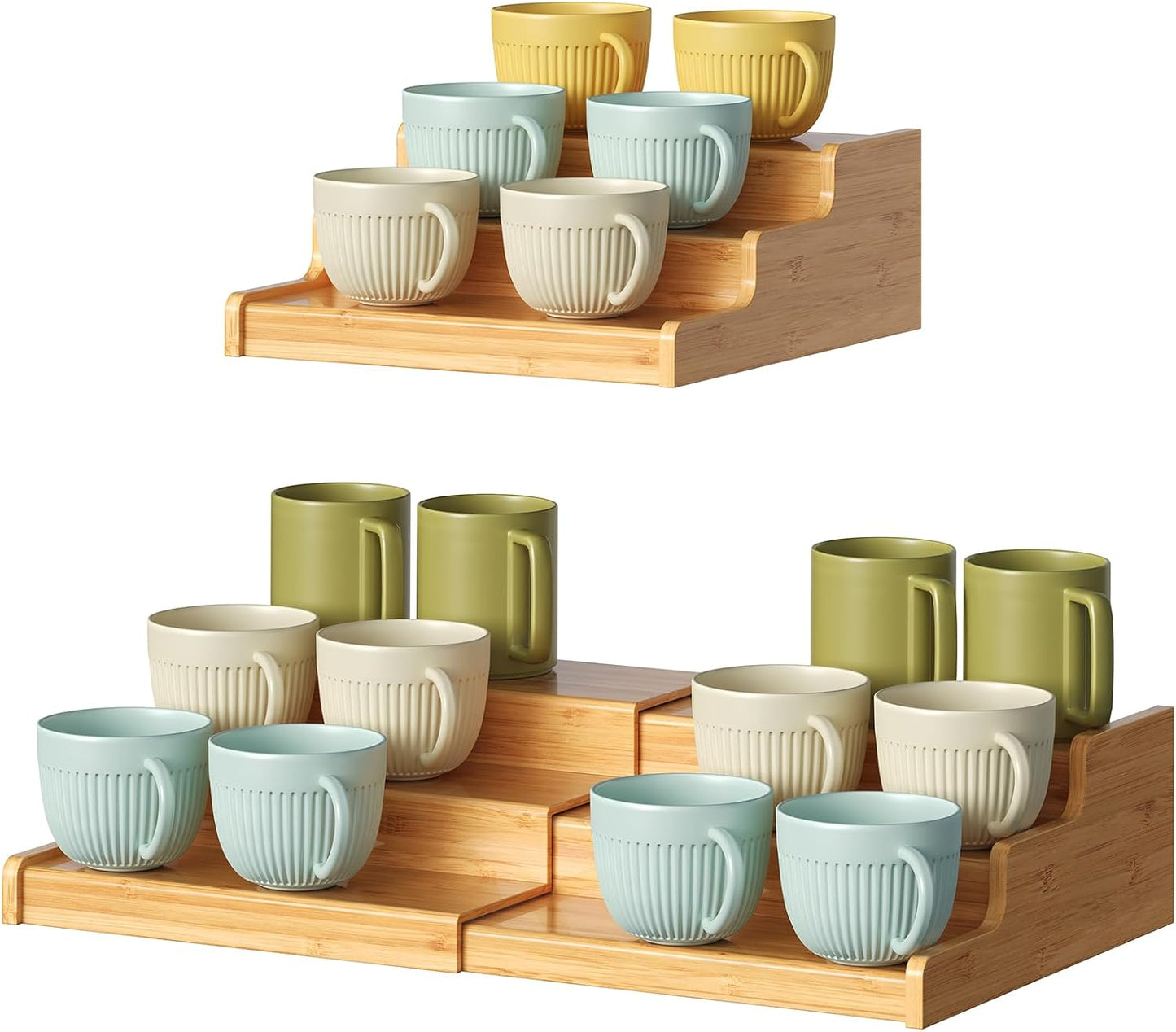 3-Tier Expandable Bamboo Mug Holder For Countertop Coffee Cup Holder Display Mug Organizer Mug Rack for Coffee Bar Organizer Mug Shelf for Cabinet for Kitchen, Home