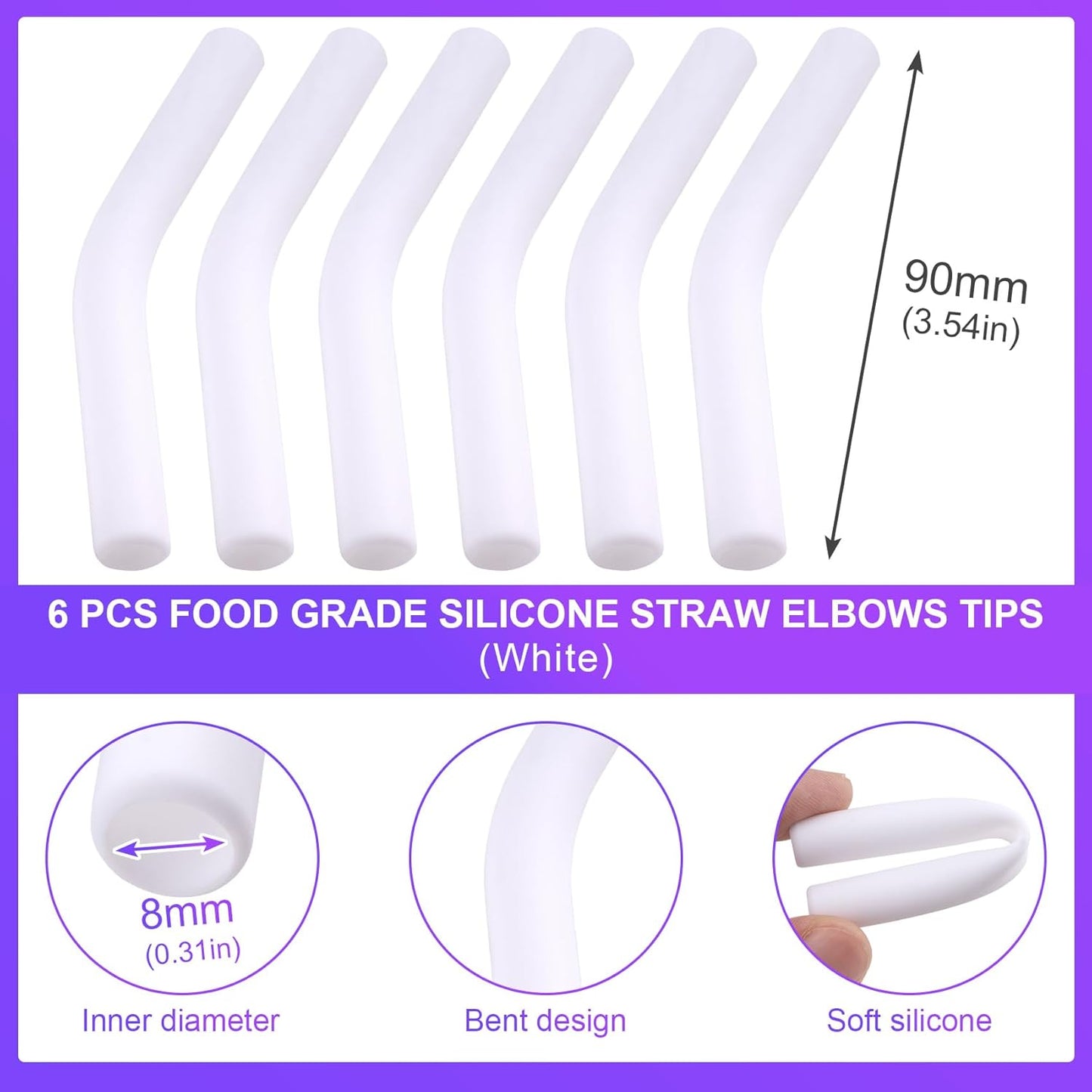 6Pcs Metal Straw Silicone Tips 5/16 IN Wide(8mm Outer Diameter) Food Grade Rubber Straw Covers Flex Elbow Replacement Tip for Stainless Steel Metal Straws,White