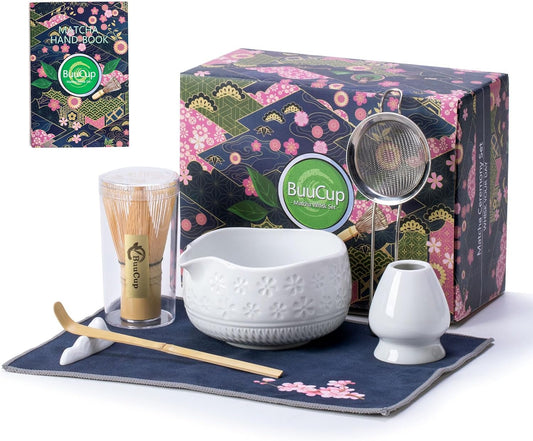 Matcha Whisk Set, Ceramic & Bamboo, 7 Pcs, White, Includes Bowl, Whisk, Holder, Scoop, Rest, Sifter, Tea Towel