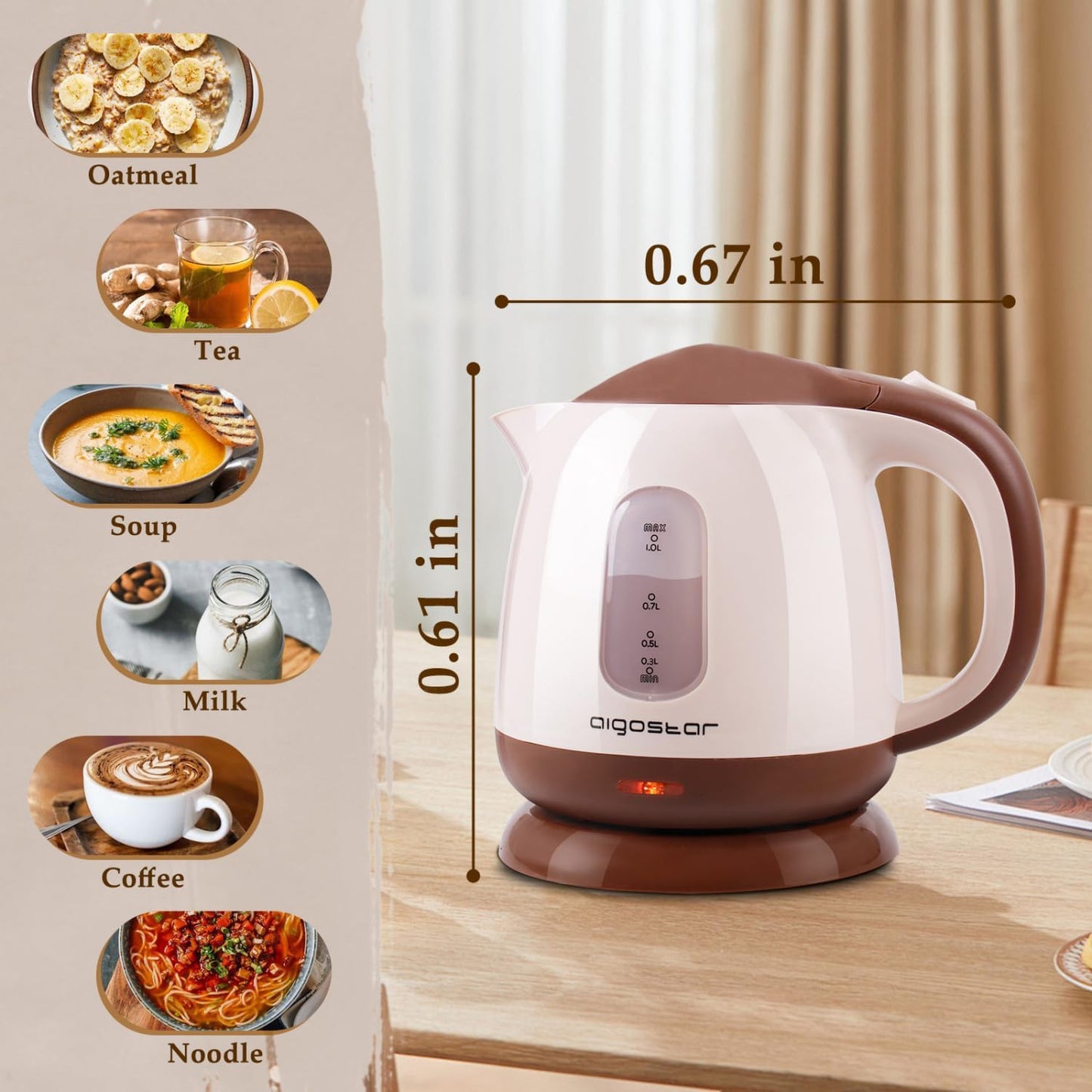 Aigostar Small Electric Kettle, 1L Portable Electric Tea Kettle 1100W with Automatic Shut-Off and Boil Dry Protection, Travel Hot Water Boiler Cordless for Making Coffee and Tea, BPA-Free, Brown