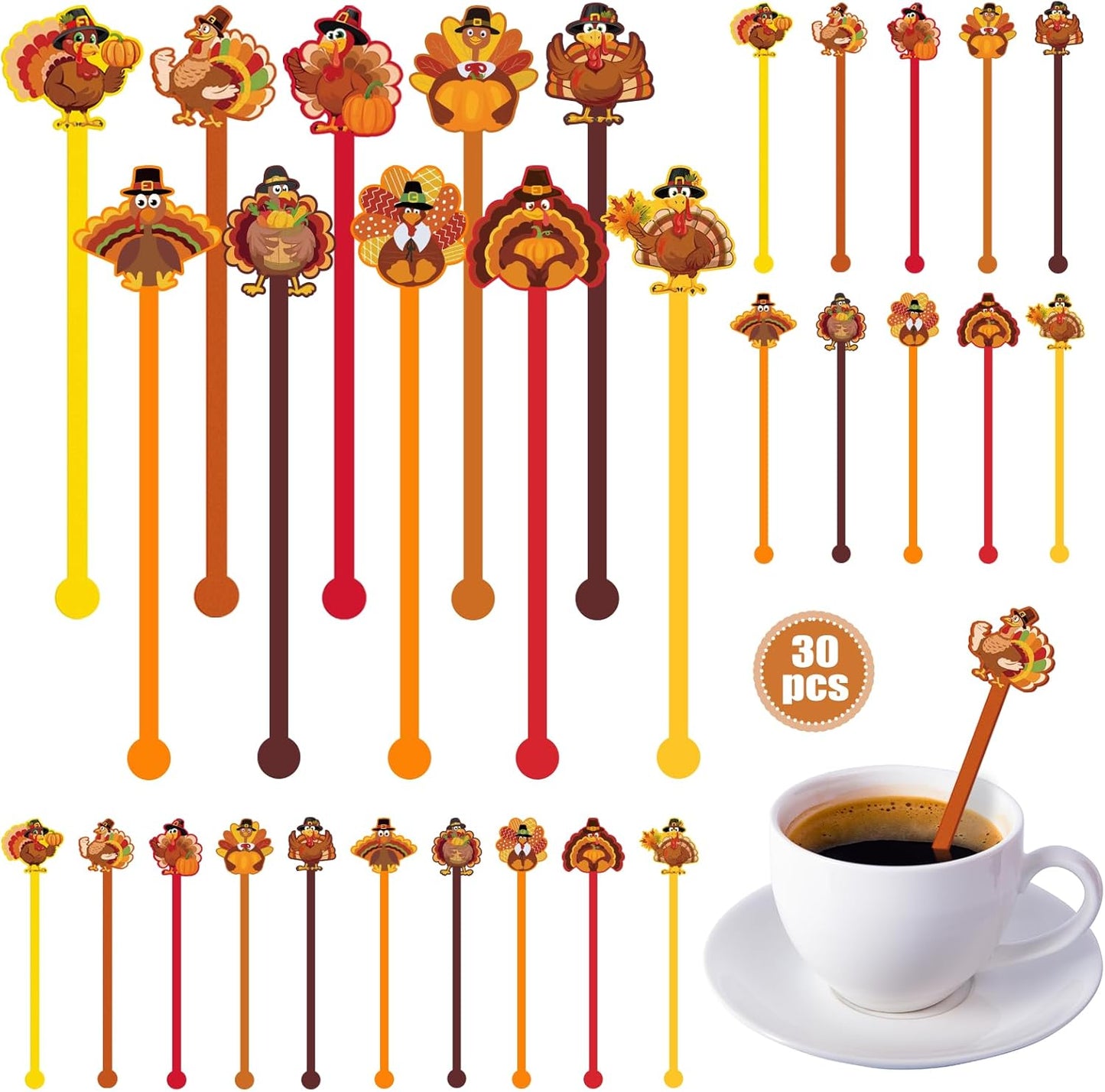 30 Pcs Thanksgiving Drink Stirrers Acrylic Turkey Coffee Stirrers Swizzle Sticks Fall Cocktail Swizzle Sticks Mixers for Thanksgiving Autumn Party Tea Coffee Bar Supplies