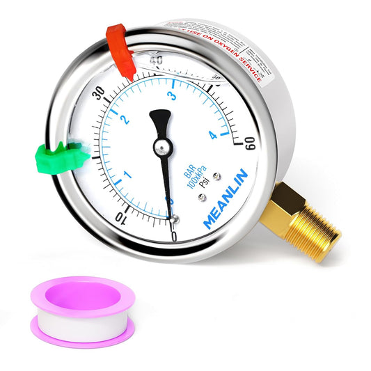 MEANLIN MEASURE 0~60Psi Liquid Filled Pressure Gauge 1/4" NPT 2.5" FACE DIAL Stainless Steel Glycerin Filled WOG Water Oil Air Lower Mount (with 2PCS Snaps)