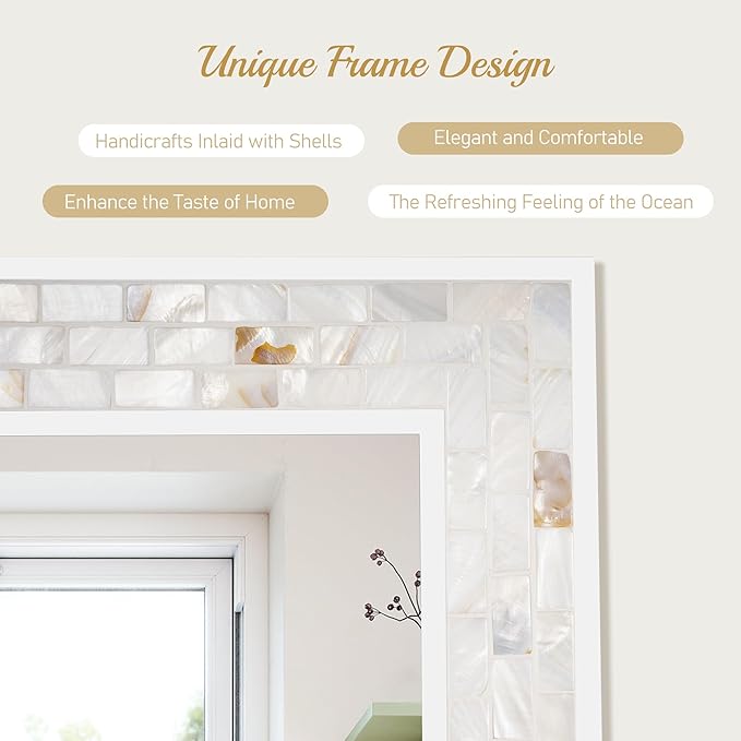 Mosaic Mirrors for Wall 20x28 Inch, Natural Mother of Pearl Inlay White Framed - Image 4