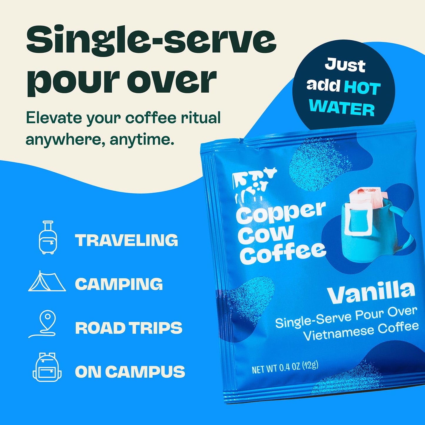 Copper Cow Premium Pour Over Single-Serve Vietnamese Coffee | Vanilla | Dark Roast | Flavored with Vanilla Beans | Includes 8 Coffees