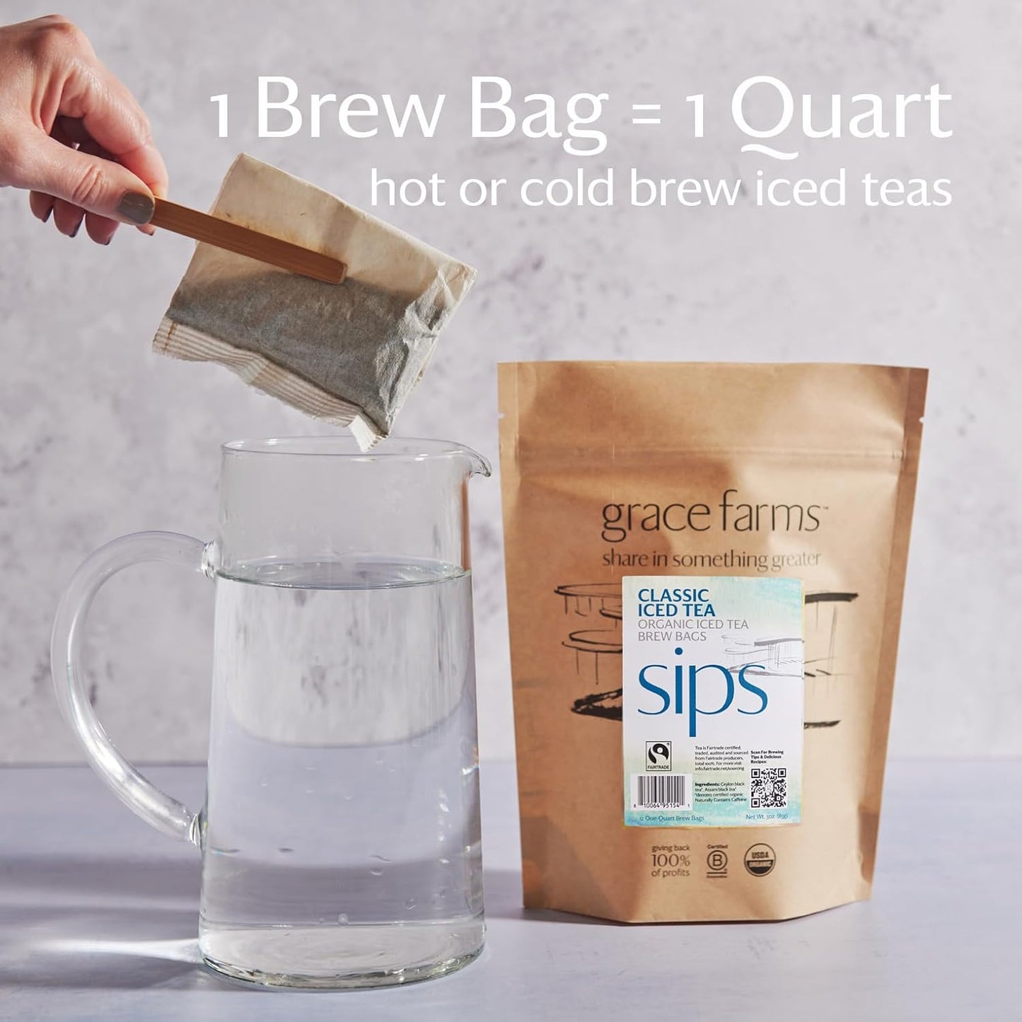 Grace Farms CLASSIC ORGANIC ICED TEA (Twelve 1qt. Brew Bags, 3 Gallons) | Premium Bold & Brisk | Easy Cold Brew 3 Gallons | Gives Back 100% of Profits