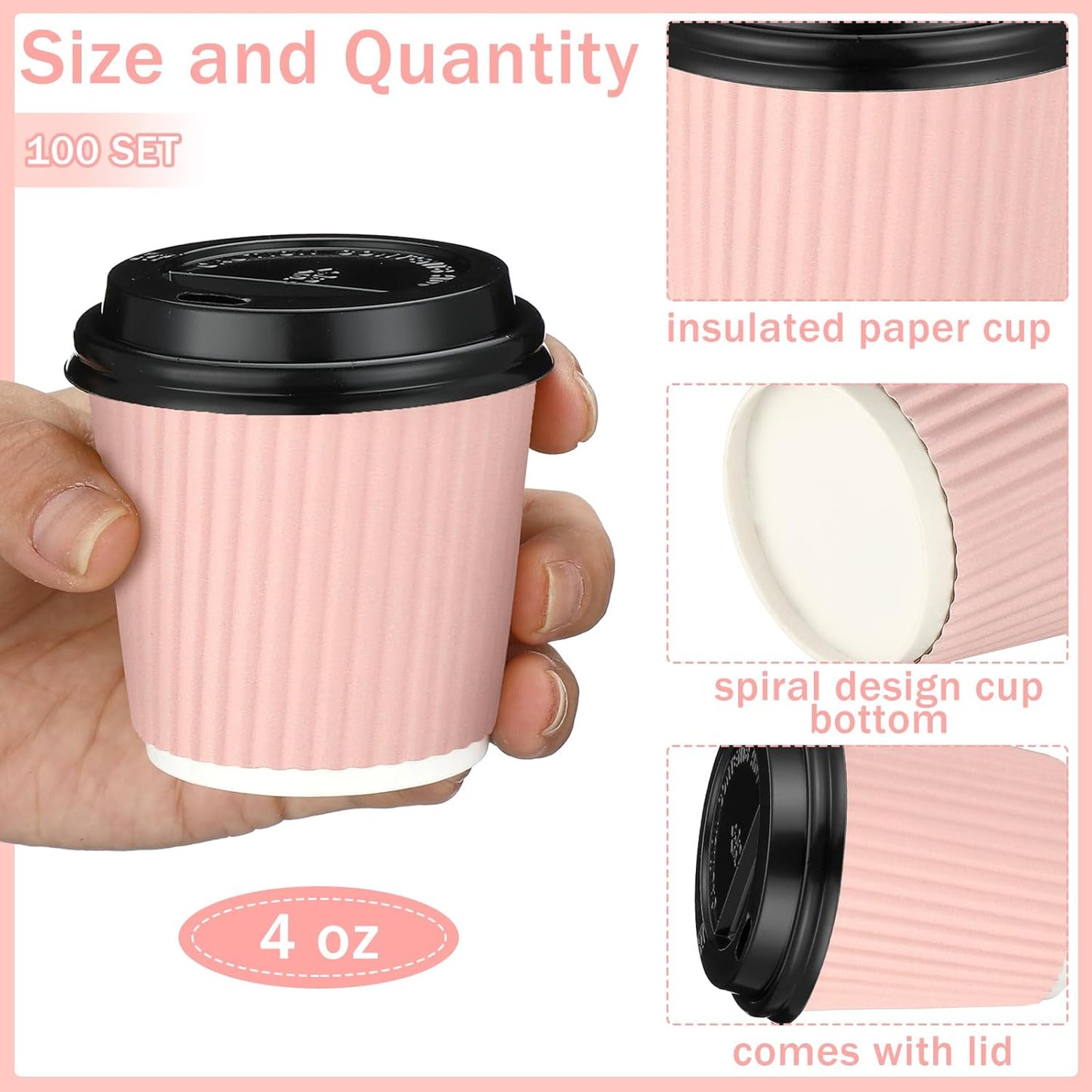 Uiifan 100 Set 4oz Disposable Espresso Cups with Lids Ripple Corrugated Paper Disposable Coffee Insulated Hot Ripple Cups for hot Chocolate, Tea, and Cocoa Drinks(Pink)