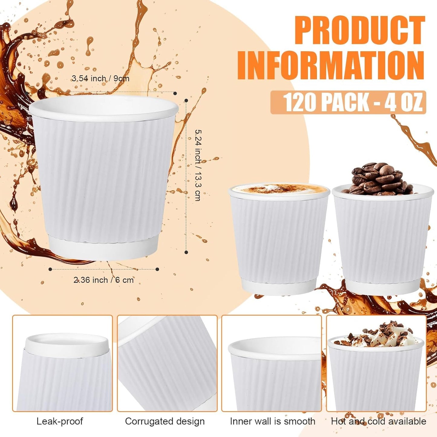 120 Pack Paper Espresso Coffee Cups, 4 oz Disposable Coffee Cups,Corrugated Insulated Ripple Wall, Paper Ripple Cup for Coffee, Hot Chocolate and Hot Tea Drinks -White
