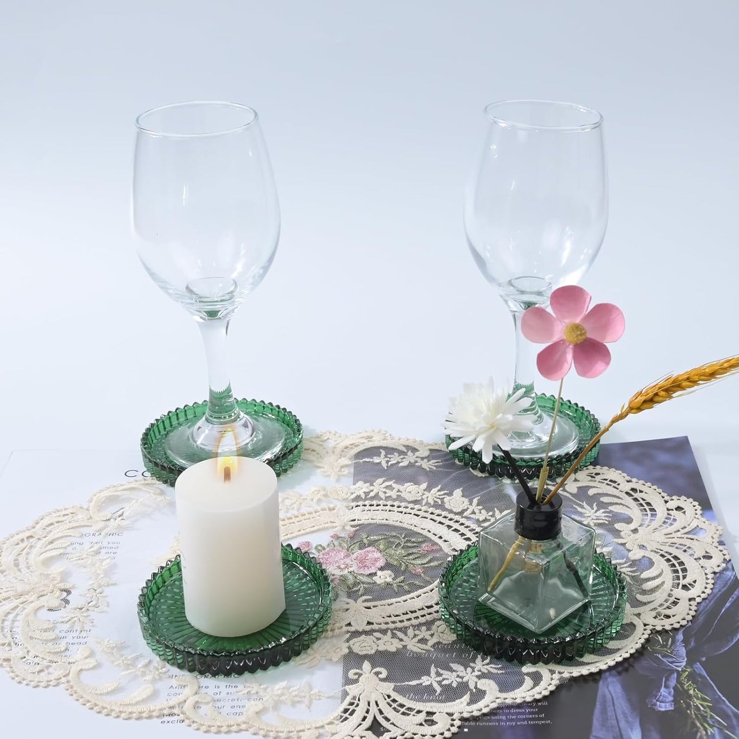 Glass Coaster 6 Pack Round Cup Coasters for Drinks,Crystal Coffee Coaster,Stylish Drink Coasters for Kitchen Bar Dining Room Living Room Office Decor and Jewelry Storage,Green