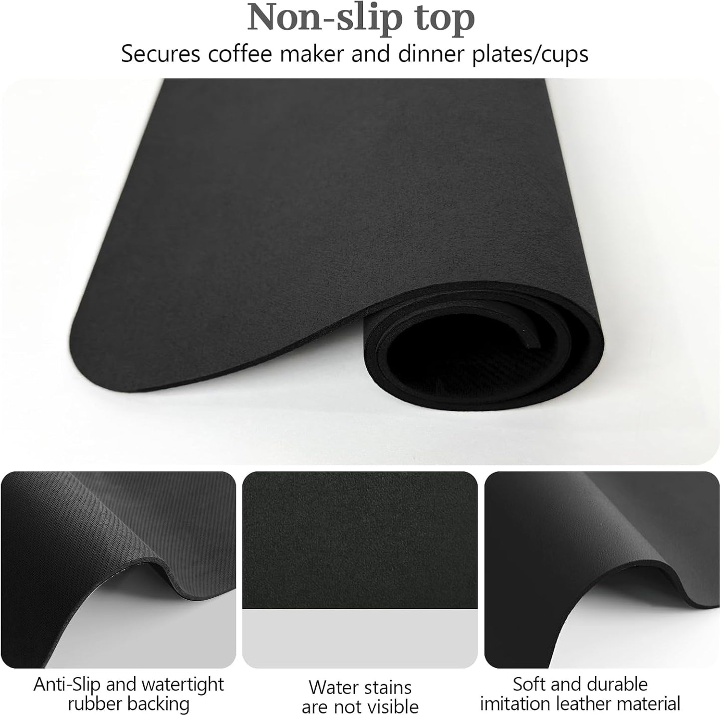 Bloss Coffee Mat 24"x16", Dish Drying Mat for Multiple Usage, Mat for Coffee Bar, Kitchen Counter Mat, Absorbent Hide Stain Rubber Backed Dish Drying Pad - Black