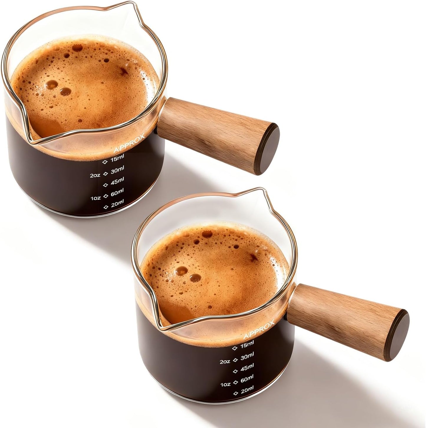 YARRAMATE 3oz Espresso Cups with Wood Handle (2 pack), Clear Glass Espresso Accessories, Double Spout Glass Measuring Cup with Dual Scale, Espresso Shot with V-Shaped Spout