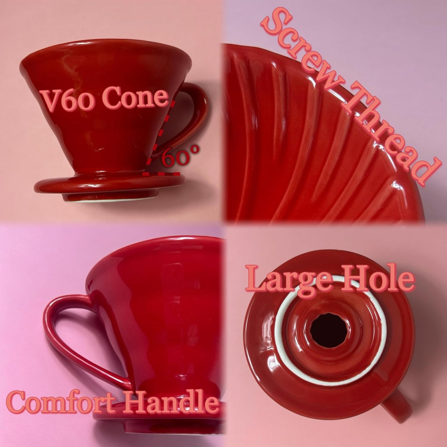 Pour Over Coffee Dripper - Ceramic Pour Over Coffee Maker Cone, Porcelain Coffee Drip, Pour Over Single Cup, Manual Brew Maker for Home, Cafe, Office - 1-4Cup, V60 Size 02 (Red)