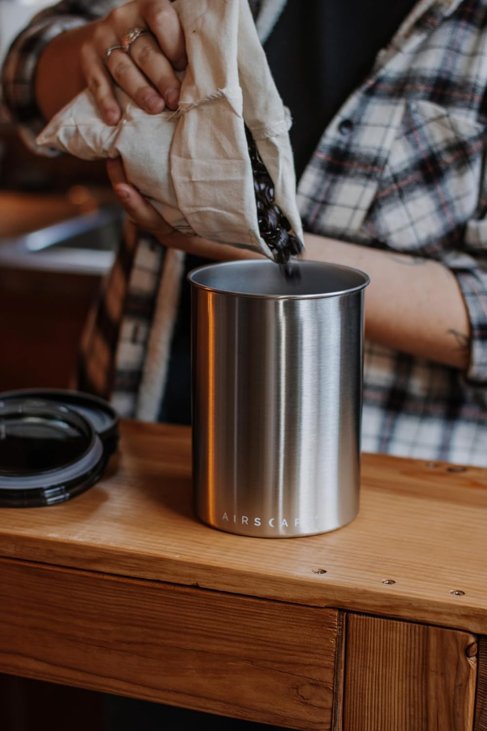 Planetary Design Airscape Stainless Steel Coffee Canister | Food Storage Container | US Patented Airtight Lid | Push Out Excess Air Preserve Food Freshness (Medium, Matte Blue)