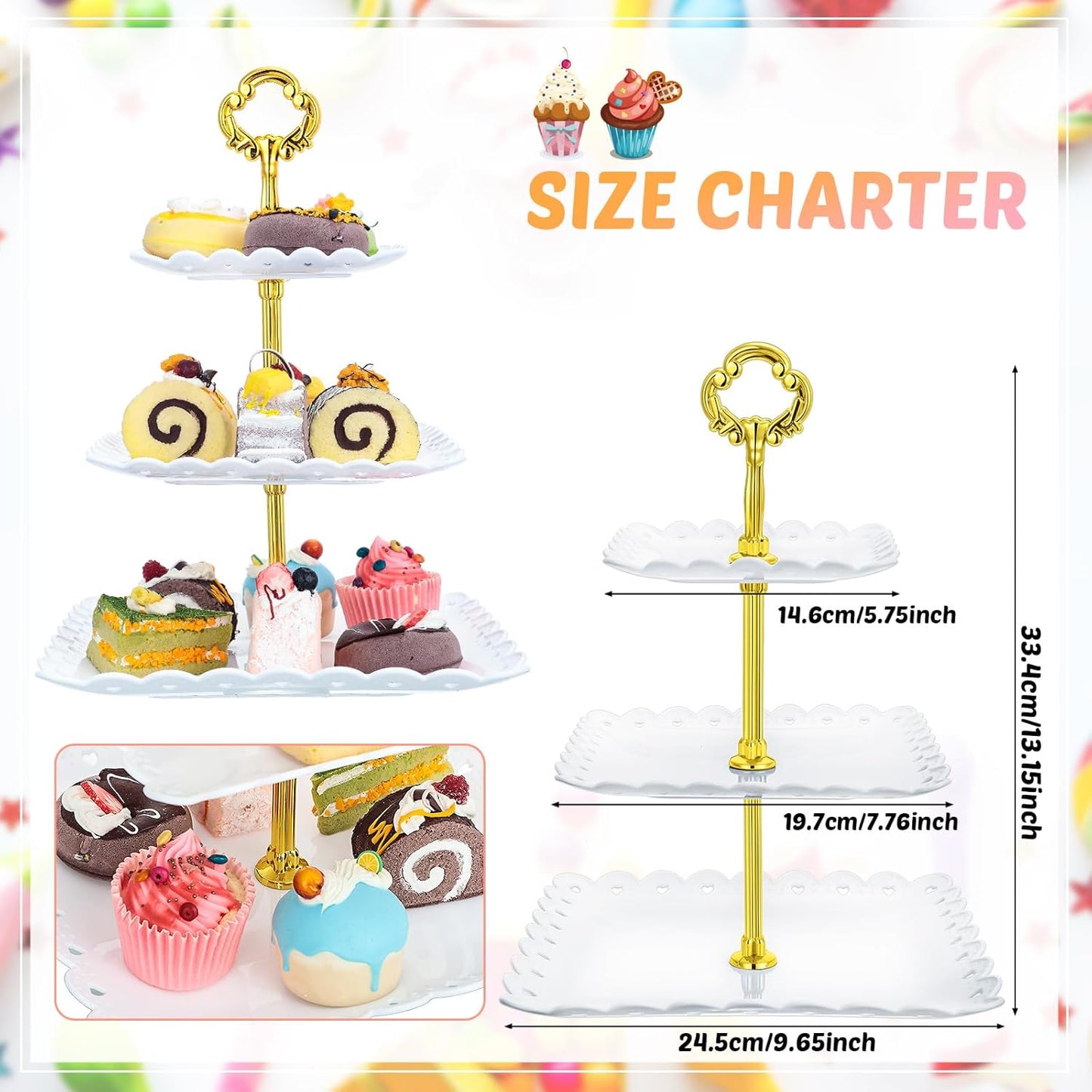 6 Sets of 3 Tier Plastic Cupcake Stand, White Plastic Tiered Serving Stand for Cupcake Stands for Dessert Table Mini Cake Fruit Snack Square Dessert Display Trays for Wedding Birthday