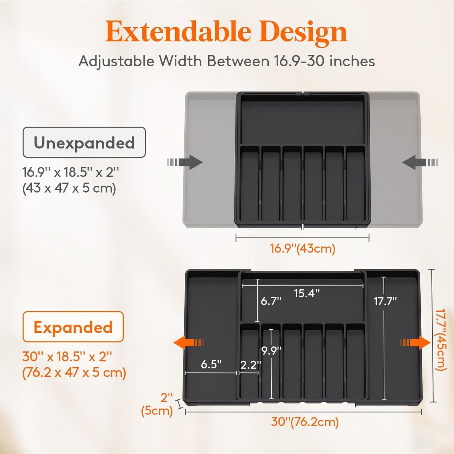 Lifewit Silverware Drawer Organizer, Expandable from 16.9 to 30 inches, Large Utensil Tray for Kitchen, Adjustable Cutlery Holder, Plastic Flatware Storage for Spoons Forks Knives, Black