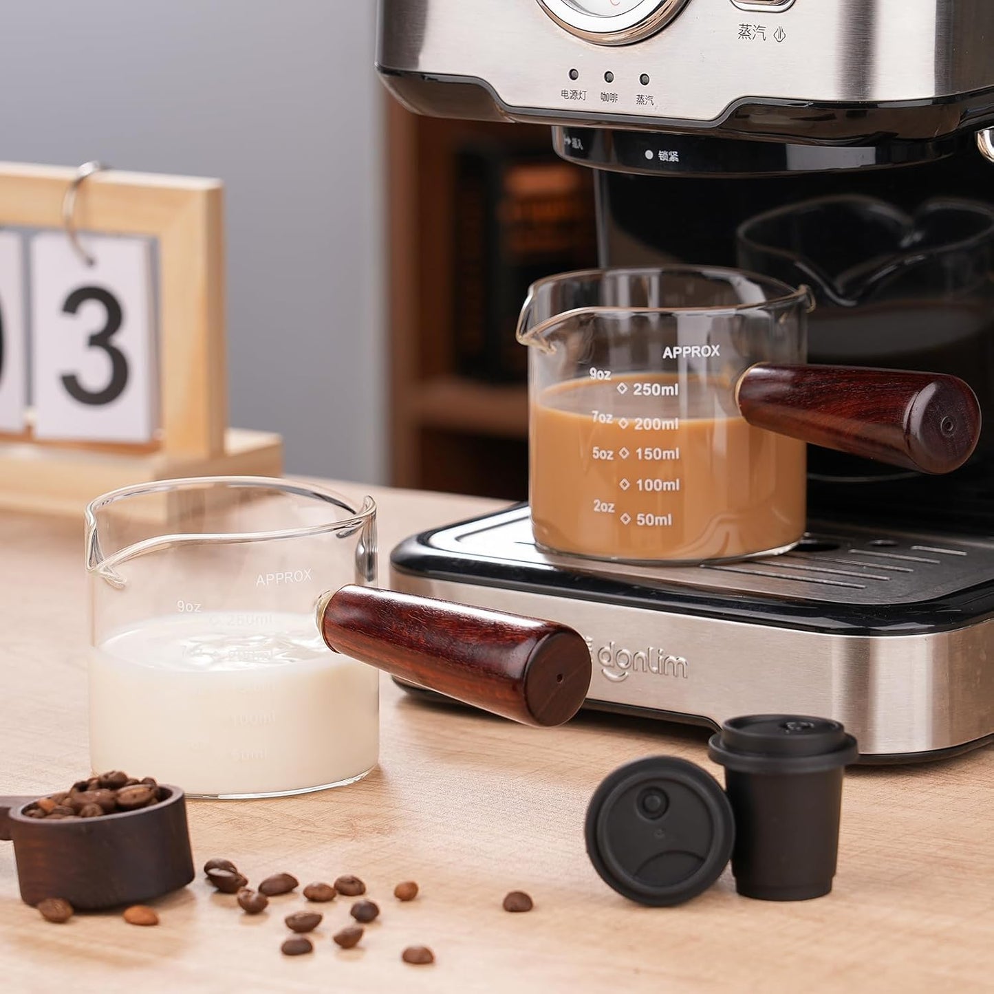 250ML/8.5OZ Measuring Cup Espresso Shot Glasses Double Spouts Large Coffee Cup with Wood Handle Triple Pitcher Milk Cup Parts Clear Glass By BCnmviku (250ml-1pack)