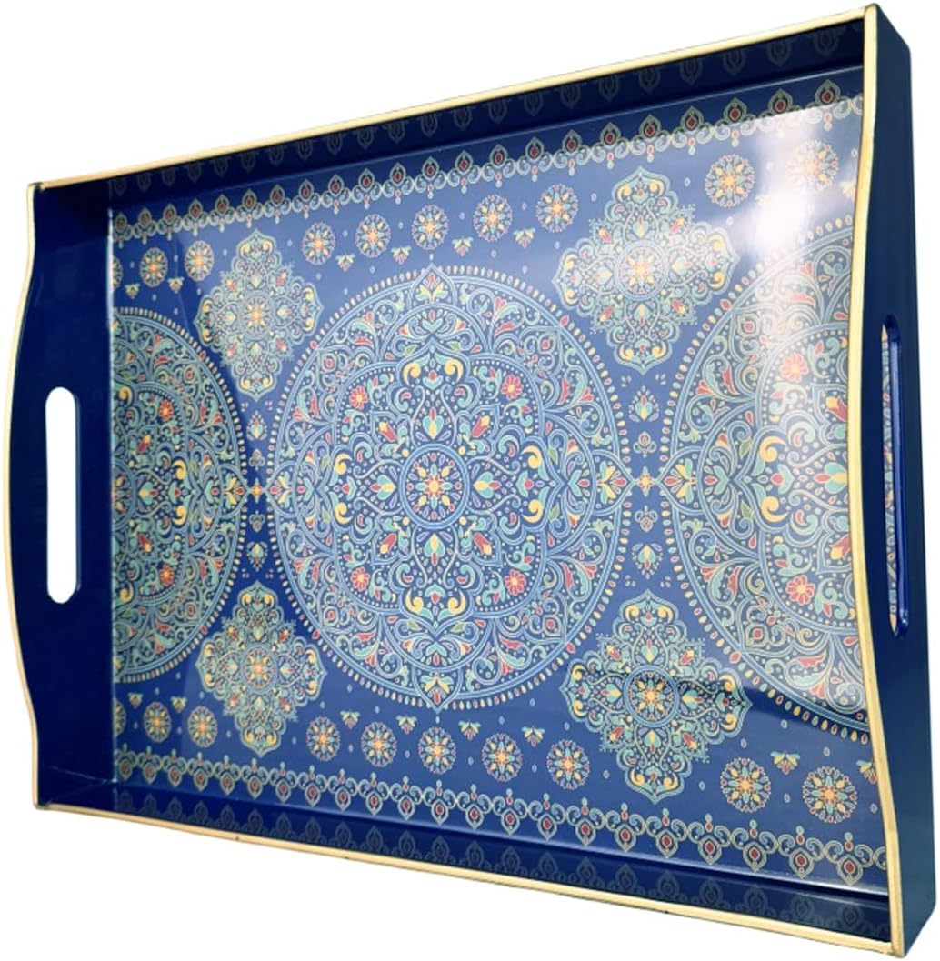 Boho Blue Decorative Tray, Serving Tray with Handles, Plastic Tray for Coffee Table, Ottoman - Ideal for Living Room & Bathroom. 15” x 11” x 2.5”