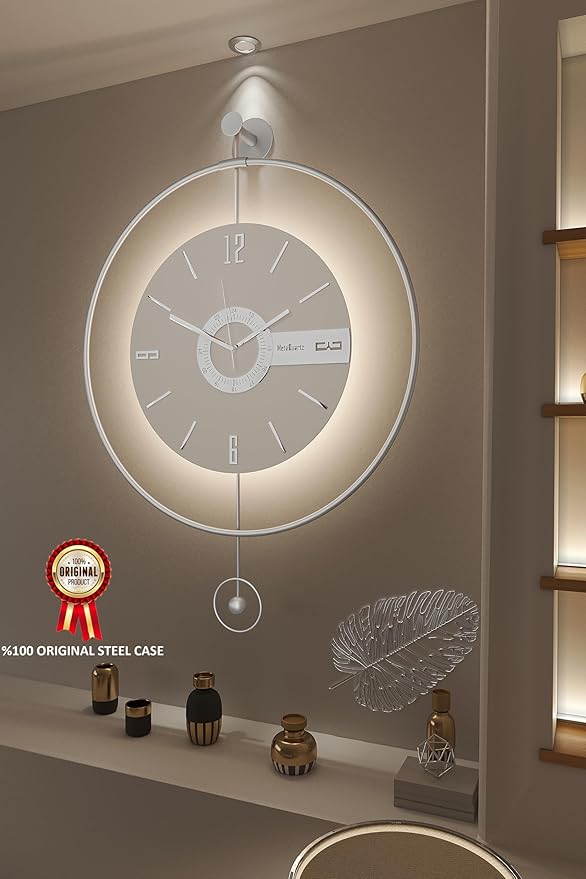 Large Luxury LED Backlit Wall Clock – Pendulum Roman Numeral Metal Ring - Image 3