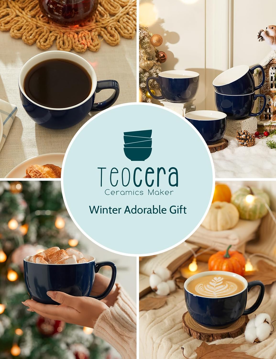 Teocera 16oz Large Coffee Mugs Set of 4 - Thick White Porcelain Cups for Cappuccino, Latte, Tea & Hot Chocolate - Dishwasher Safe Ceramic with Comfort Grip Handles（Navy