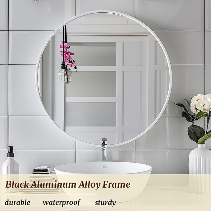 White Round Mirror 16 inch, Bathroom Mirror, Round Wall Mirrors - Image 2