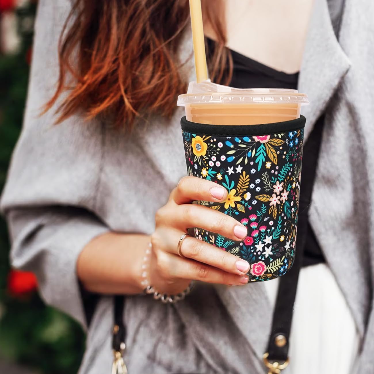 Reusable Insulated Neoprene Iced Coffee Cup Sleeve, Durable Drink Sleeve for Cold Beverages, Beverage Holder for Iced Coffee, Lush Blossom