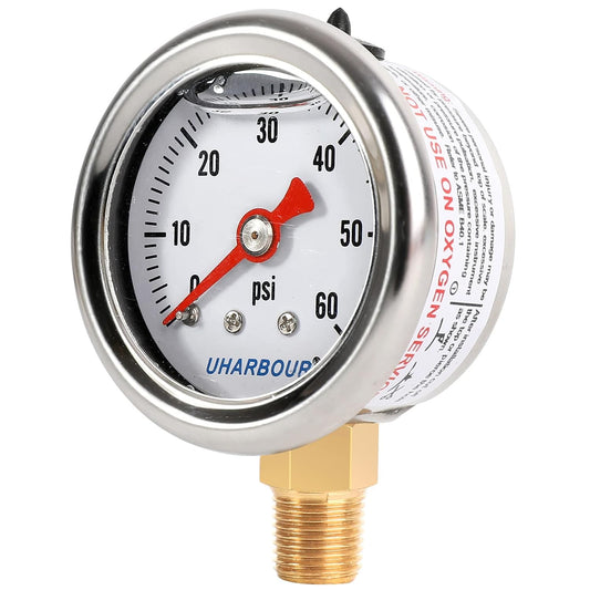 Glycerin Filled Pressure Gauge with 304 Stainless Steel Case, 1-1/2" Dial Size, 0-60Psi, High Accuracy, 1/8" NPT Center Lower Mount
