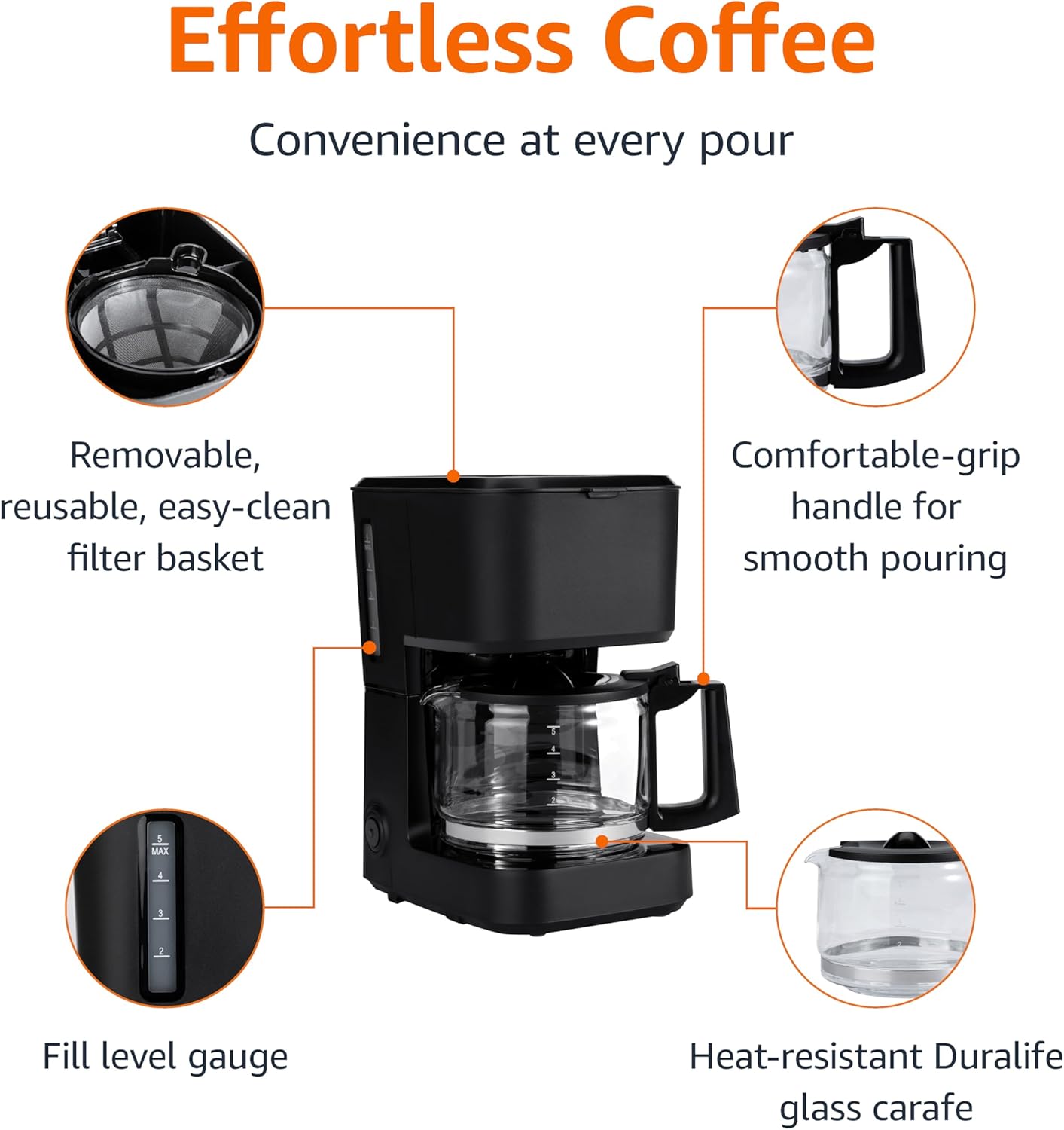Amazon Basics 5 Cup Drip Coffee Maker, Coffee Machine with Glass Coffee Pot (0.8 Qt), Auto Shut-off, Auto Pause, Removable Filter Basket, Matte Black