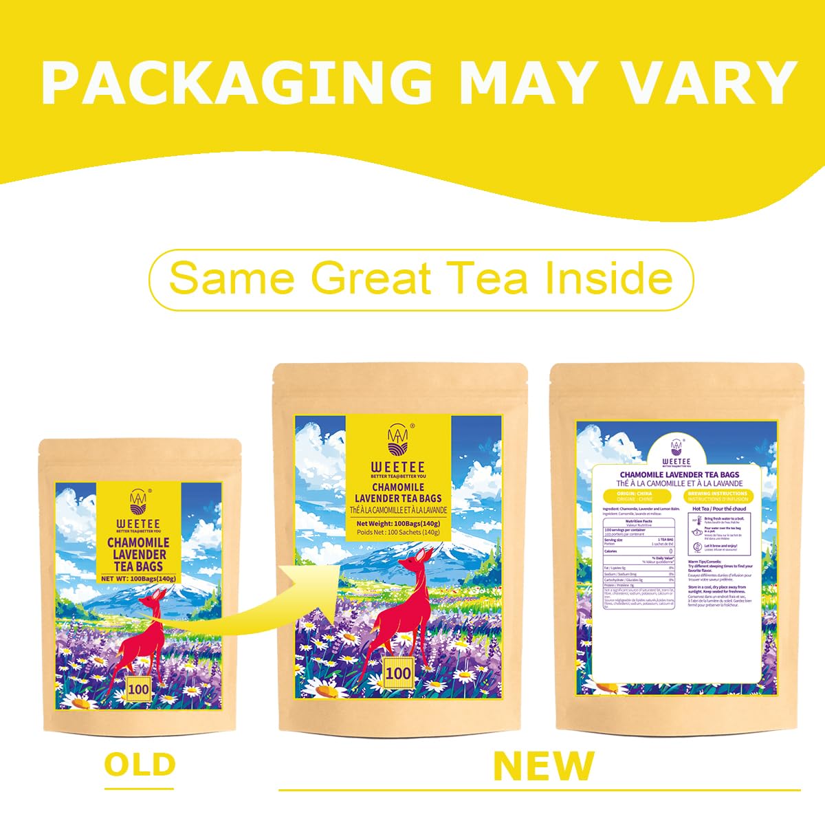 WT WEETEE Chamomile Lavender Tea Bags 100 Count, Nighty & Relax, 100% Pure Chamomile, Lavender Flowers & Lemon Balm Blend, Natural Caffeine-free Herbal Tea Ideal for Bedtime