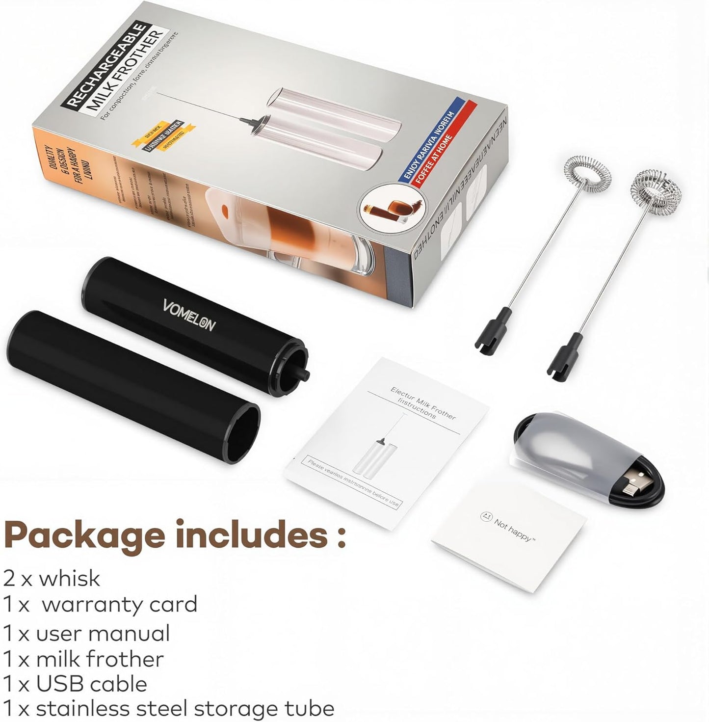 Rechargeable Milk Frother, Electric Coffee Foamer, Handheld Drink Mixer for Latte, Cappuccino, Coffee, Eggs, Hot Chocolate, Protein,Paint Black