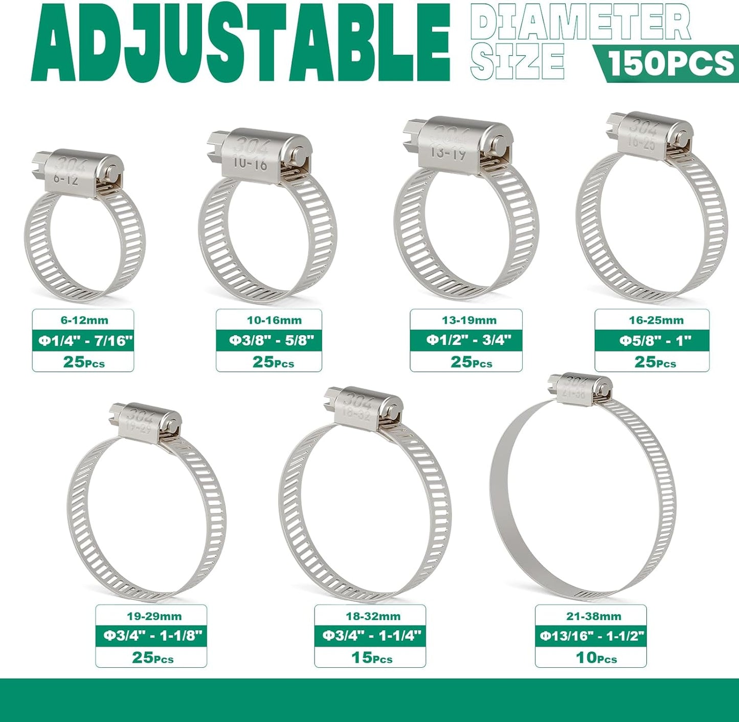 150PCS Hose Clamps Stainless Steel Assortment Adjustable 1/4"-1-1/2"(6-38mm) Worm Gear Hose Clamp, Heavy Duty Metal Small Hose Clamps for Automotive, Pipe, Radiator Plumbing, Fuel Line