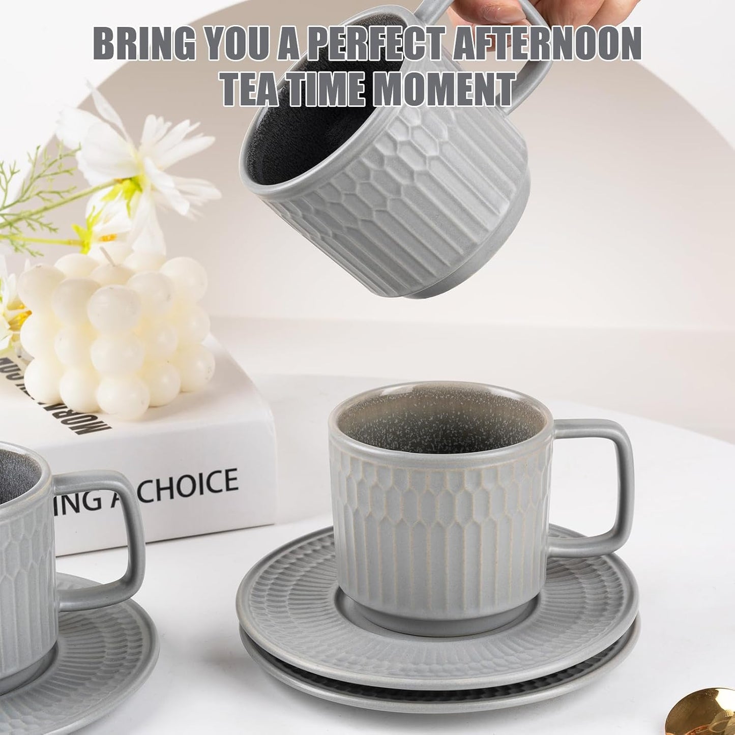 Large Cappuccino Cups with Saucers Set of 4, 8 Ounce Stackable Embossed Ceramic Coffee Mugs for Specialty Coffee Drinks, Latte, Cafe Mocha and Tea, Dishwasher & Microwave Safe (Grey)