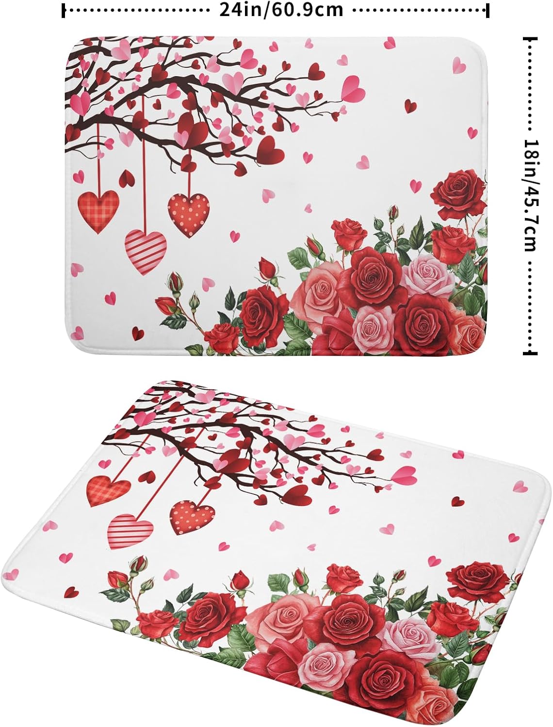 Giwawa Happy Valentines Day Dish Drying Mat for Kitchen Countertop, Red Love Hearts Rose Flowers Dish Drainer Mats, Romantic Absorbent Dish Drying Pad Wedding Decor, 18"x24", Large